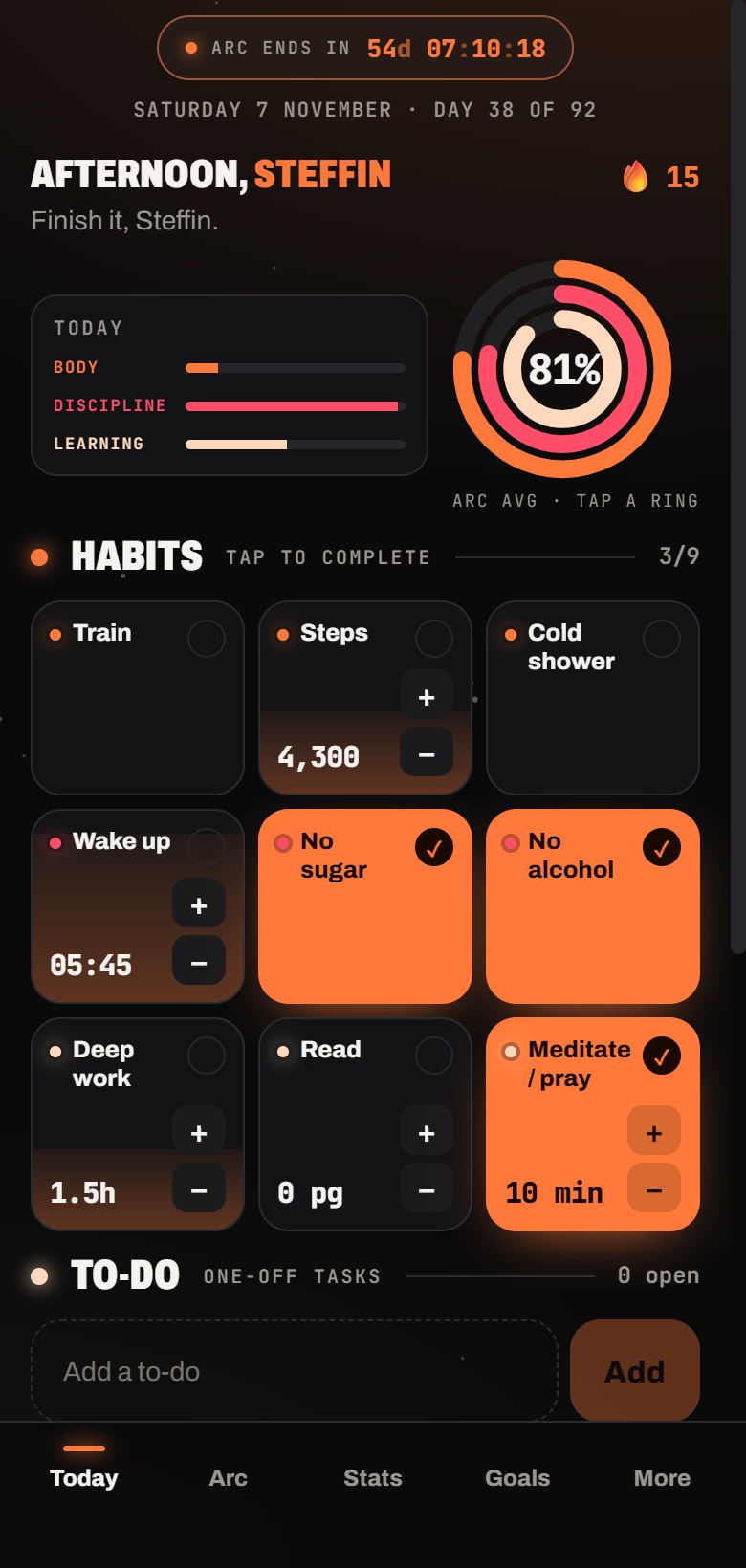 Today screen with rings, habits and the day's plan